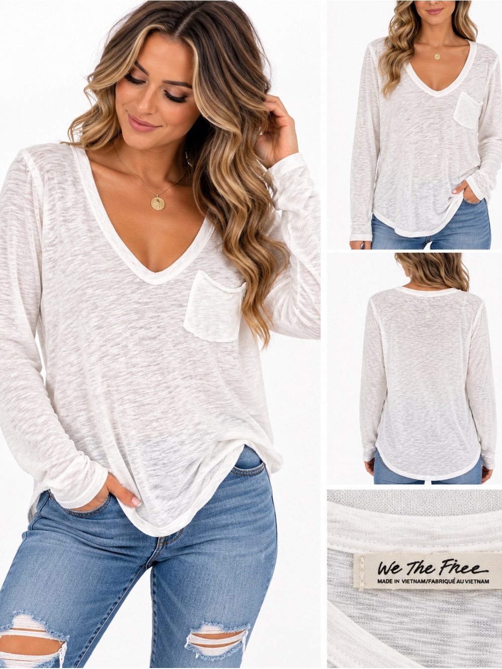We The Free Women’s Small White Long Sleeve V-Neck Pocket Top NWOT